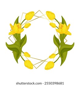 Decorative golden frame with spring flowers of yellow tulip. Vector graphics.