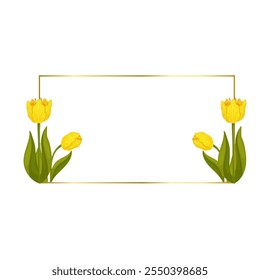 Decorative golden frame with spring flowers of yellow tulip. Vector graphics.