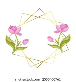 Decorative golden frame with spring flowers of pink tulips. Vector graphics.