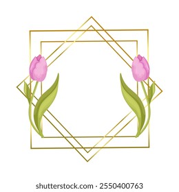 Decorative golden frame with spring flowers of pink tulips. Vector graphics.