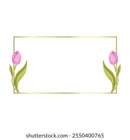Decorative golden frame with spring flowers of pink tulips. Vector graphics.