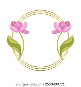Quadro decorativo dourado com flores de primavera de tulipas cor-de-rosa. Gráficos vetoriais.