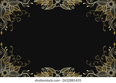 A decorative golden frame vector with floral and heart motifs, set against a black background. Ideal for romantic or celebratory designs with bold oriental mood.