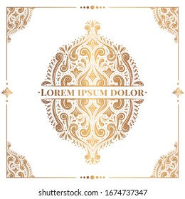 Decorative golden frame with vector ornament. Elegant, classic elements. Can be used for jewelry, beauty and fashion industry. Great for logo, emblem, background or any desired idea.