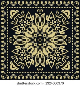 Decorative golden geometric doodle ornament. Gold and black background, mandala pattern with lace frame. Tribal ethnic decor. Bandana shawl, tablecloth fabric print, silk neck scarf, kerchief design