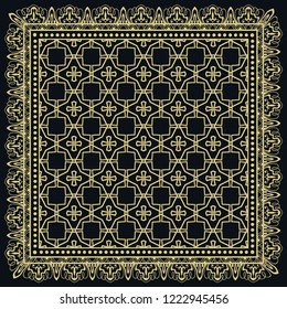 Decorative golden geometric linear ornament. Gold and black background, symmetric pattern with lace frame. Tribal ethnic decor. Bandana shawl, tablecloth fabric print, silk neck scarf, kerchief design