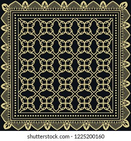Decorative golden geometric linear ornament. Gold and black background, symmetric pattern with lace frame. Tribal ethnic decor. Bandana shawl, tablecloth fabric print, silk neck scarf, kerchief design