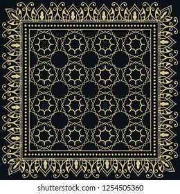 Decorative golden geometric linear ornament. Gold and black background, symmetric pattern with lace frame. Tribal ethnic decor. Bandana shawl, tablecloth fabric print, silk neck scarf, kerchief design