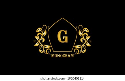 Decorative, golden graceful monogram with initials G. Heraldic logo symbol with exclusive elements of calligraphic design. Vector business sign, identity for hotel, restaurant, jewelry.