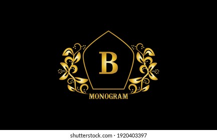 Monograma decorativo, dorado y elegante con las iniciales B. Símbolo de logotipo heráldico con elementos exclusivos de diseño caligráfico. Señal de negocios de vectores, identidad de hotel, restaurante, joyería.