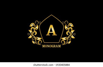 Dekoratives, goldenes, anmutiges Monogramm mit Initialen A. Heraldisches Logo-Symbol mit exklusiven Elementen der kalligrafischen Gestaltung. Geschäftszeichen, Identität für Hotel, Restaurant, Schmuck.