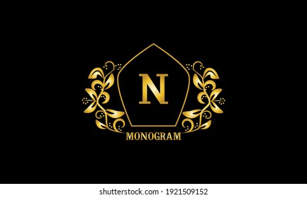 Decorative, golden graceful monogram with initials N. Heraldic logo symbol with exclusive elements of calligraphic design. Vector business sign, identity for hotel, restaurant, jewelry.