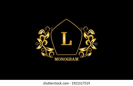 Monograma decorativo, dorado y elegante con las iniciales L. Símbolo de logotipo heráldico con elementos exclusivos de diseño caligráfico. Señal de negocios de vectores, identidad de hotel, restaurante, joyería.