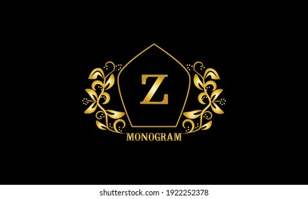 Decorative, golden graceful monogram with initials Z. Heraldic logo symbol with exclusive elements of calligraphic design. Vector business sign, identity for hotel, restaurant, jewelry.