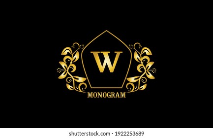 Monograma decorativo, dorado y elegante con las iniciales símbolo del logotipo W. Heraldic con elementos exclusivos del diseño caligráfico. Señal de negocios de vectores, identidad de hotel, restaurante, joyería.