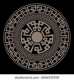 Decorative golden Greek round ornament pattern frame plate with pattern in center. Greek meander. Circle european border. Patterns of Greece, ancient Rome. Classic egyptian, assyrian, greek motives