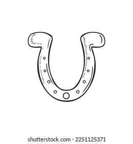 Decorative golden horseshoe for luck in black isolated on white background. Hand drawn vector sketch illustration in doodle engraved vintage outline style. St. Patrick's day, wealth, lucky, symbol