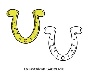 Decorative golden horseshoe for luck isolated on white background. Hand drawn vector sketch illustration in doodle engraved vintage outline style. St. Patrick's day, wealth, lucky, symbol, fortune