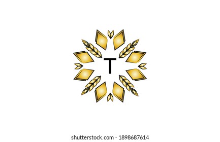 Decorative golden logo with geometric shapes and spikelets on a white background. Creative vector sign, illustration of emblem with letter T. Eco emblem.