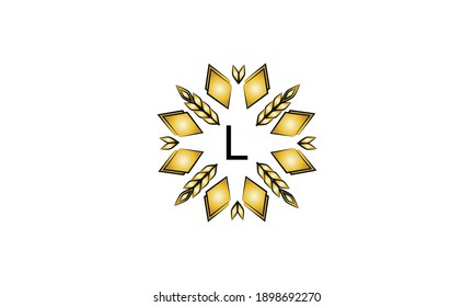Decorative golden logo with geometric shapes and spikelets on a white background. Creative vector sign, illustration of emblem with letter L. Eco emblem.
