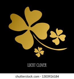 Decorative golden lucky four leaf clovers, design elements. Can be used for cards, invitations, banners, posters, print design. St Patricks day theme