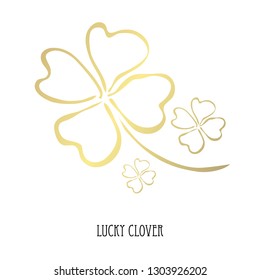 Decorative golden lucky four leaf clovers, design elements. Can be used for cards, invitations, banners, posters, print design. St Patricks day theme