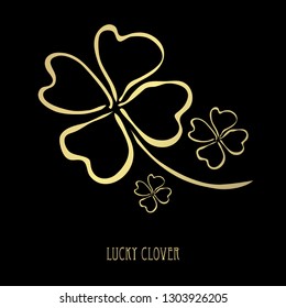 Decorative golden lucky four leaf clovers, design elements. Can be used for cards, invitations, banners, posters, print design. St Patricks day theme