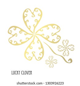 Decorative golden lucky four leaf clovers, design elements. Can be used for cards, invitations, banners, posters, print design. St Patricks day theme