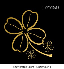 Decorative golden lucky four leaf clovers, design elements. Can be used for cards, invitations, banners, posters, print design. St Patricks day theme
