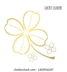 Decorative golden lucky four leaf clovers, design elements. Can be used for cards, invitations, banners, posters, print design. St Patricks day theme