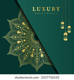 Decorativo dourado luxo mandala poster fundo.verde ornamento islâmico fundo