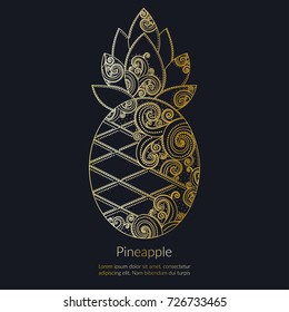 Decorative golden pineapple. Ornament vector, detailed illustration. Great for fabric and textile, prints, invitation, packaging, or any desired idea.