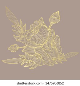 Decorative golden poppy flowers, design elements. Can be used for cards, invitations, banners, posters, print design. Golden floral  background in line art style