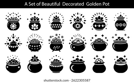 Decorative Golden Pot Icons Set, Lucky Black Pots with Sparkles, Wealth Symbol Art