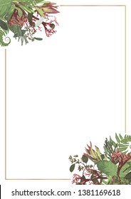 Decorative golden rectangular frame with Brunia, fern, eucalyptus, leucadendron, gaultheria, salal, jatropha. For wedding invitations, vignettes, postcards, posters, documents. Vertical
