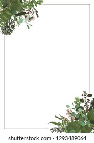 Decorative golden rectangular frame with eucalyptus, fern and boxwood branches isolated on white. For wedding invitations, vignettes, postcards, brunia, posters, documents, diplomas. Vertical
