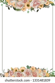 Decorative golden rectangular frame with pink rose flowers, eustoma cream, brunia, green fern, eucalyptus, branches buxus. For wedding invitations, vignettes, postcards, posters, documents. Vertical
