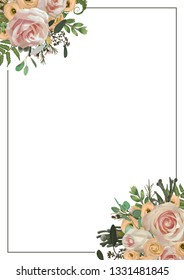 Decorative golden rectangular frame with pink rose flowers, eustoma cream, brunia, green fern, eucalyptus, branches buxus. For wedding invitations, vignettes, postcards, posters, documents. Vertical
