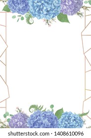 Decorative golden rectangular frame with.leaves, branches eucalyptus, gaultheria, salal, chamaelaucium, fern.Blue, purple, of flowers hydrangea.For wedding invitations, vignettes, postcards.Vertical
