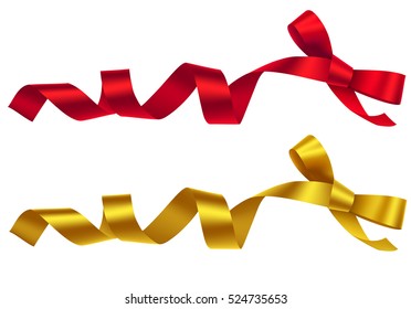 Decorative golden and red bows with ribbon isolated on white. Beautiful vector bow for page decoration