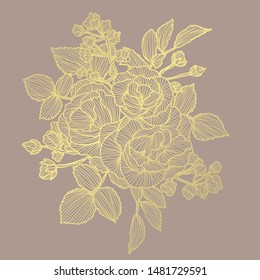 Decorative golden rose flowers, design elements. Can be used for cards, invitations, banners, posters, print design. Golden floral  background in line art style