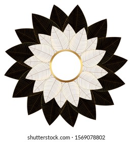 Decorative golden round frame with black and white leaves. Luxury floral mandala. Oriental circular vintage illustration. Arabic, Islamic, moroccan, asian, indian native african motif.