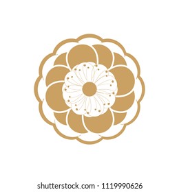 Decorative golden round frame for design with floral ornament and text. A template for printing postcards, invitations, books, packaging, engraving, wooden furniture, forging. Vector.