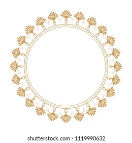 Decorative golden round frame for design with floral ornament and text. A template for printing postcards, invitations, books, packaging, engraving, wooden furniture, forging. Vector.