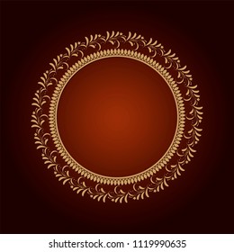 Decorative golden round frame for design with floral ornament and text. A template for printing postcards, invitations, books, packaging, engraving, wooden furniture, forging. Vector.