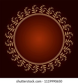 Decorative golden round frame for design with floral ornament and text. A template for printing postcards, invitations, books, packaging, engraving, wooden furniture, forging. Vector.