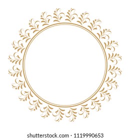Decorative golden round frame for design with floral ornament and text. A template for printing postcards, invitations, books, packaging, engraving, wooden furniture, forging. Vector.