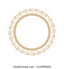 Decorative golden round frame for design with floral ornament and text. A template for printing postcards, invitations, books, packaging, engraving, wooden furniture, forging. Vector.