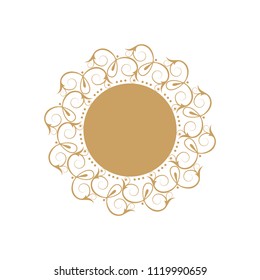 Decorative golden round frame for design with floral ornament and text. A template for printing postcards, invitations, books, packaging, engraving, wooden furniture, forging. Vector.