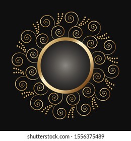 Decorative golden round frame on black background. Luxury mandala in ethnic style. Oriental circular golden vintage illustration. Arabic, Islamic, moroccan, asian, indian native african motif.